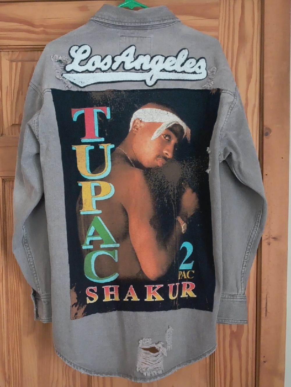 Los Angeles Graphic Denim Jacket - Gray with Multi-Color Tupac Back Patch